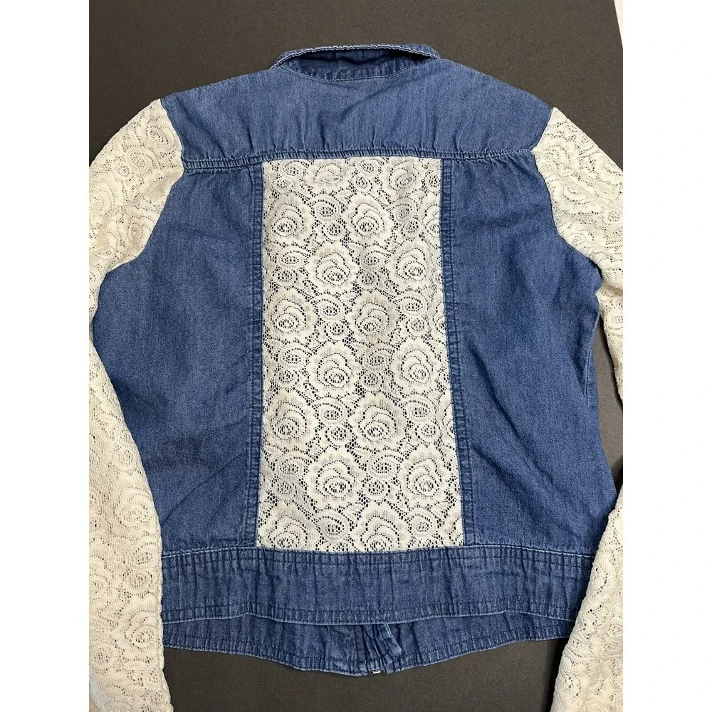 Disney Denim Lace sleeves Lightweight asymmetrical‎ zipper Jacket Youth L 14/16